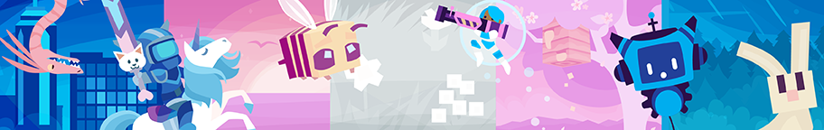 Trans pride colors as slices of nature and city backgrounds, with game characters.